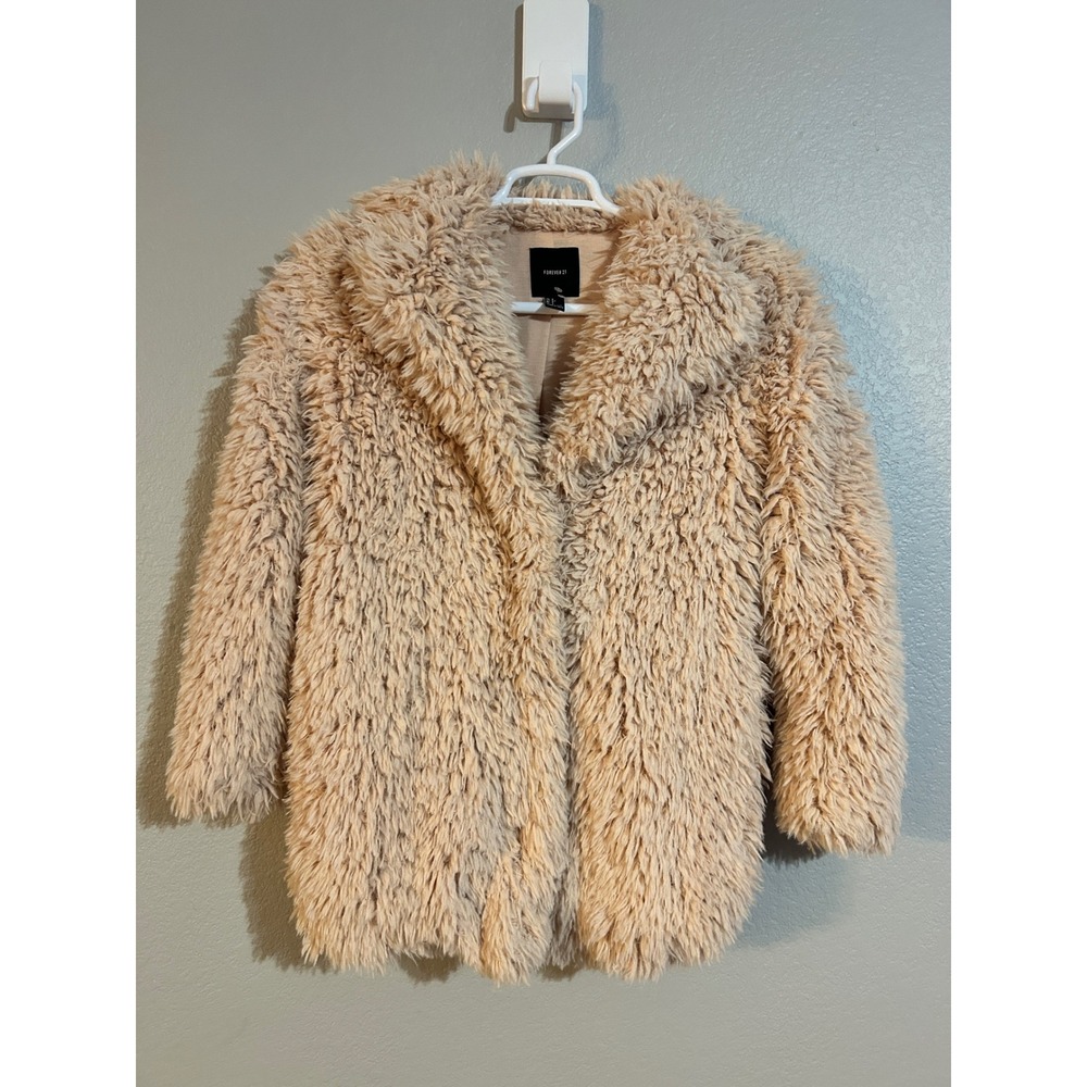 Forever 21 Faux Fur Shaggy Jacket Blush Pink Small Notched Lapel Snap Front Coat